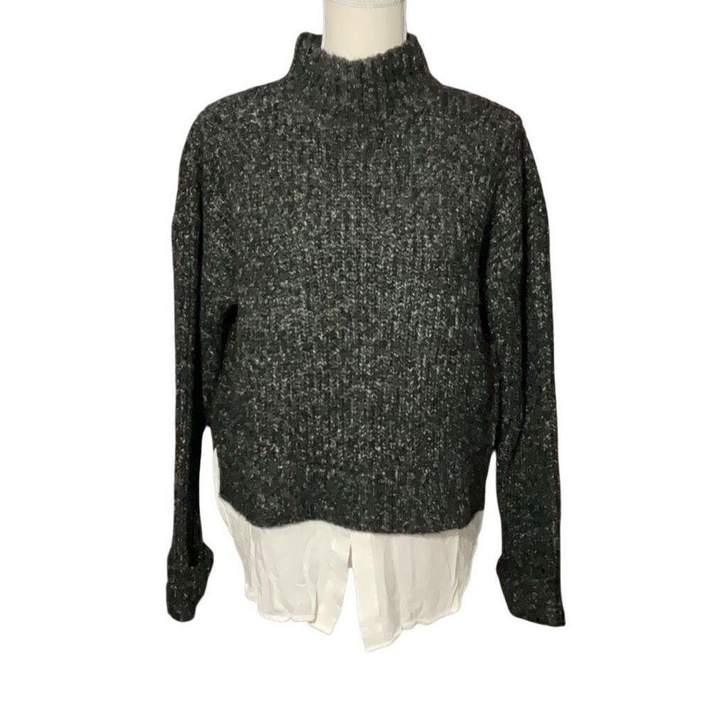 Mustard Seed layered Look Mock Neck Sweater Charcoal White Size Small